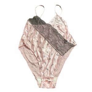 70s British Vintage Ann Summers Silky Dot & Floral Bodysuit Pink/Charcoal 10/12